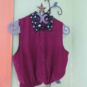 Foreign Exchange Top sheer with Bedazzled with Beads collar